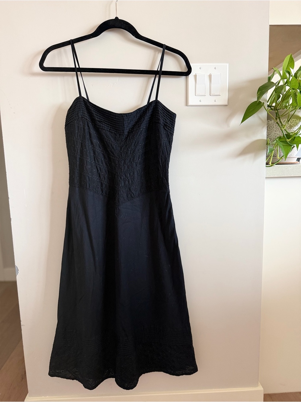 J. Crew Black 100% Cotton Midi Dress with Eyelet Detail and Spaghetti Straps